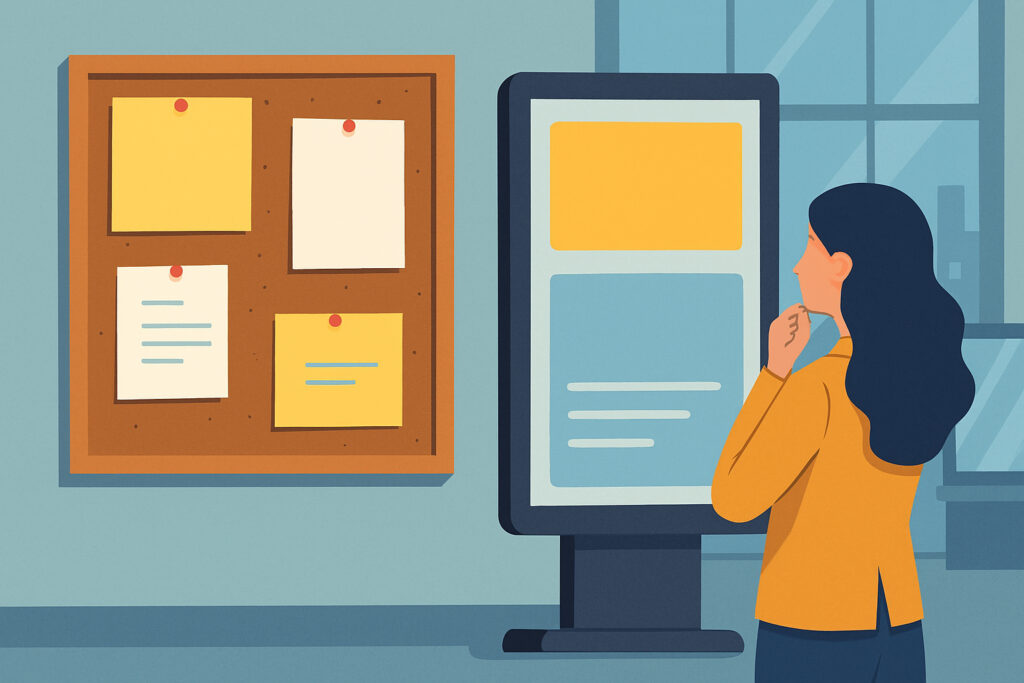 Liiketilan ilmoitustaulut ja digitaaliset näytöt